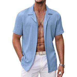 Men's Blue Casual Short Sleeve Button Down Textured Beach Shirts